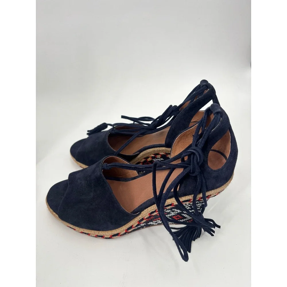 Cabi Espadrille Wedge Sandals Womens 7.5M Navy Blue Suede Lace Up Boho 5310